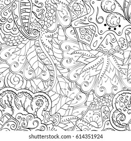 Tracery seamless pattern. Mehndi design. Ethnic monochrome binary doodle texture. Curved doodling black and white background. Vector