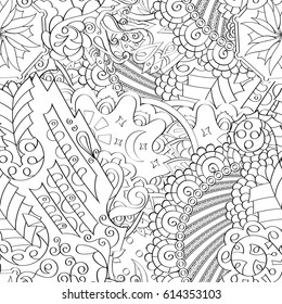 Tracery seamless pattern. Mehndi design. Ethnic monochrome binary doodle texture. Curved doodling black and white background. Vector