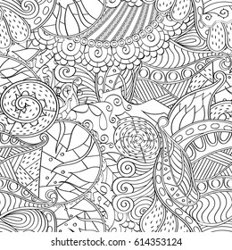 Tracery seamless pattern. Mehndi design. Ethnic monochrome binary doodle texture. Curved doodling black and white background. Vector