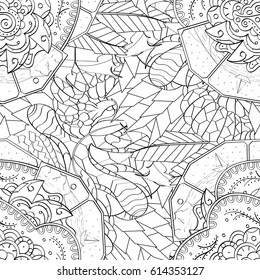 Tracery seamless pattern. Mehndi design. Ethnic monochrome binary doodle texture. Curved doodling black and white background. Vector