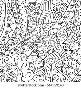 Tracery seamless pattern. Mehndi design. Ethnic monochrome binary doodle texture. Curved doodling black and white background. Vector