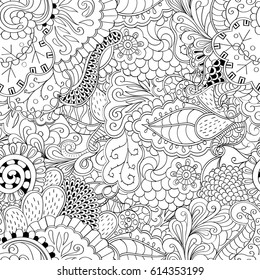 Tracery seamless pattern. Mehndi design. Ethnic monochrome binary doodle texture. Curved doodling black and white background. Vector