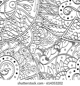 Tracery seamless pattern. Mehndi design. Ethnic monochrome binary doodle texture. Curved doodling black and white background. Vector