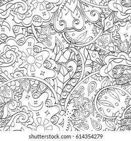 Tracery seamless pattern. Mehndi design. Ethnic monochrome binary doodle texture. Curved doodling black and white background. Vector