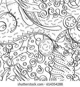 Tracery seamless pattern. Mehndi design. Ethnic monochrome binary doodle texture. Curved doodling black and white background. Vector
