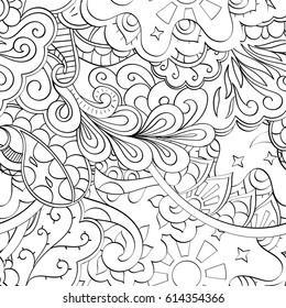 Tracery seamless pattern. Mehndi design. Ethnic monochrome binary doodle texture. Curved doodling black and white background. Vector
