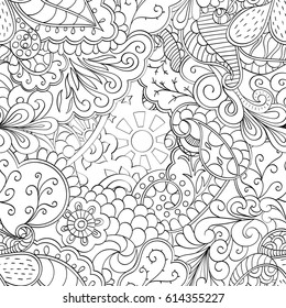 Tracery seamless pattern. Mehndi design. Ethnic monochrome binary doodle texture. Curved doodling black and white background. Vector