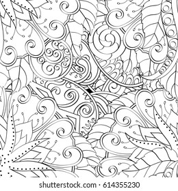 Tracery seamless pattern. Mehndi design. Ethnic monochrome binary doodle texture. Curved doodling black and white background. Vector