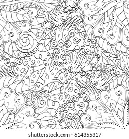 Tracery seamless pattern. Mehndi design. Ethnic monochrome binary doodle texture. Curved doodling black and white background. Vector