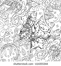 Tracery seamless pattern. Mehndi design. Ethnic monochrome binary doodle texture. Curved doodling black and white background. Vector