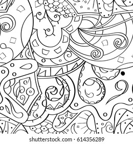 Tracery seamless pattern. Mehndi design. Ethnic monochrome binary doodle texture. Curved doodling black and white background. Vector