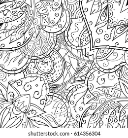 Tracery seamless pattern. Mehndi design. Ethnic monochrome binary doodle texture. Curved doodling black and white background. Vector