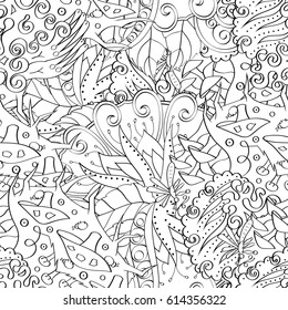 Tracery seamless pattern. Mehndi design. Ethnic monochrome binary doodle texture. Curved doodling black and white background. Vector