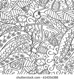 Tracery seamless pattern. Mehndi design. Ethnic monochrome binary doodle texture. Curved doodling black and white background. Vector