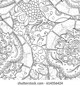 Tracery seamless pattern. Mehndi design. Ethnic monochrome binary doodle texture. Curved doodling black and white background. Vector