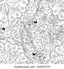 Tracery seamless pattern. Mehndi design. Ethnic monochrome binary doodle texture. Curved doodling black and white background. Vector
