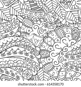 Tracery seamless pattern. Mehndi design. Ethnic monochrome binary doodle texture. Curved doodling black and white background. Vector