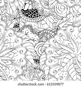 Tracery seamless pattern. Mehndi design. Ethnic monochrome binary doodle texture. Curved doodling black and white background. Vector