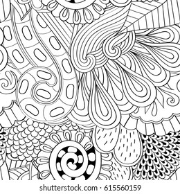 Tracery seamless pattern. Mehndi design. Ethnic monochrome binary doodle texture. Curved doodling black and white background. Vector