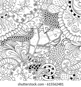 Tracery seamless pattern. Mehndi design. Ethnic monochrome binary doodle texture. Curved doodling black and white background. Vector