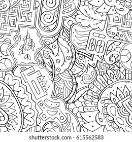 Tracery seamless pattern. Mehndi design. Ethnic monochrome binary doodle texture. Curved doodling black and white background. Vector
