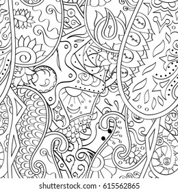 Tracery seamless pattern. Mehndi design. Ethnic monochrome binary doodle texture. Curved doodling black and white background. Vector