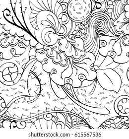 Tracery seamless pattern. Mehndi design. Ethnic monochrome binary doodle texture. Curved doodling black and white background. Vector