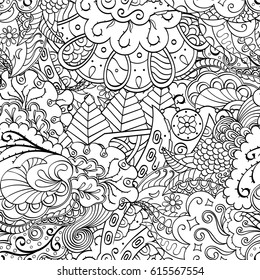 Tracery seamless pattern. Mehndi design. Ethnic monochrome binary doodle texture. Curved doodling black and white background. Vector