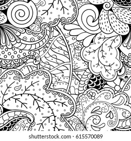 Tracery seamless pattern. Mehndi design. Ethnic monochrome binary doodle texture. Curved doodling black and white background. Vector