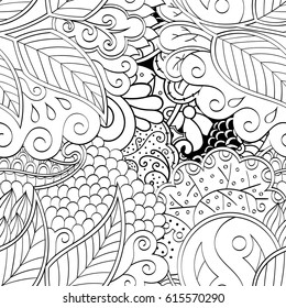 Tracery seamless pattern. Mehndi design. Ethnic monochrome binary doodle texture. Curved doodling black and white background. Vector