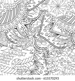 Tracery seamless pattern. Mehndi design. Ethnic monochrome binary doodle texture. Curved doodling black and white background. Vector