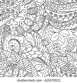 Tracery seamless pattern. Mehndi design. Ethnic monochrome binary doodle texture. Curved doodling black and white background. Vector