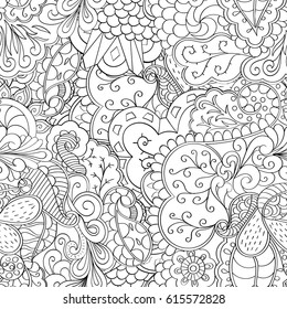 Tracery seamless pattern. Mehndi design. Ethnic monochrome binary doodle texture. Curved doodling black and white background. Vector