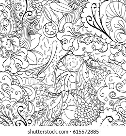 Tracery seamless pattern. Mehndi design. Ethnic monochrome binary doodle texture. Curved doodling black and white background. Vector