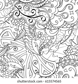 Tracery seamless pattern. Mehndi design. Ethnic monochrome binary doodle texture. Curved doodling black and white background. Vector