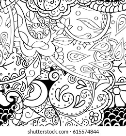 Tracery seamless pattern. Mehndi design. Ethnic monochrome binary doodle texture. Curved doodling black and white background. Vector