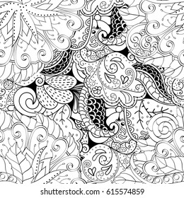 Tracery seamless pattern. Mehndi design. Ethnic monochrome binary doodle texture. Curved doodling black and white background. Vector