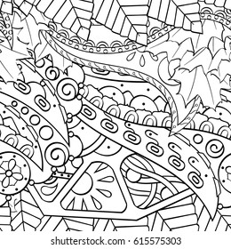 Tracery seamless pattern. Mehndi design. Ethnic monochrome binary doodle texture. Curved doodling black and white background. Vector