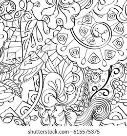 Tracery seamless pattern. Mehndi design. Ethnic monochrome binary doodle texture. Curved doodling black and white background. Vector