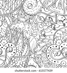 Tracery seamless pattern. Mehndi design. Ethnic monochrome binary doodle texture. Curved doodling black and white background. Vector