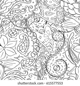 Tracery seamless pattern. Mehndi design. Ethnic monochrome binary doodle texture. Curved doodling black and white background. Vector