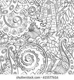 Tracery seamless pattern. Mehndi design. Ethnic monochrome binary doodle texture. Curved doodling black and white background. Vector