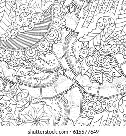Tracery seamless pattern. Mehndi design. Ethnic monochrome binary doodle texture. Curved doodling black and white background. Vector