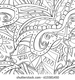 Tracery seamless pattern. Mehndi design. Ethnic monochrome binary doodle texture. Curved doodling black and white background. Vector