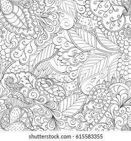 Tracery seamless pattern. Mehndi design. Ethnic monochrome binary doodle texture. Curved doodling black and white background. Vector