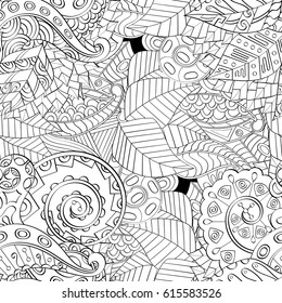 Tracery seamless pattern. Mehndi design. Ethnic monochrome binary doodle texture. Curved doodling black and white background. Vector