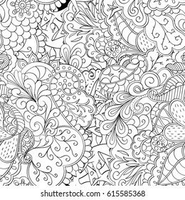 Tracery seamless pattern. Mehndi design. Ethnic monochrome binary doodle texture. Curved doodling black and white background. Vector