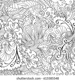 Tracery seamless pattern. Mehndi design. Ethnic monochrome binary doodle texture. Curved doodling black and white background. Vector