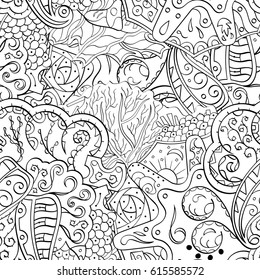 Tracery seamless pattern. Mehndi design. Ethnic monochrome binary doodle texture. Curved doodling black and white background. Vector