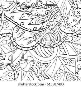 Tracery seamless pattern. Mehndi design. Ethnic monochrome binary doodle texture. Curved doodling black and white background. Vector